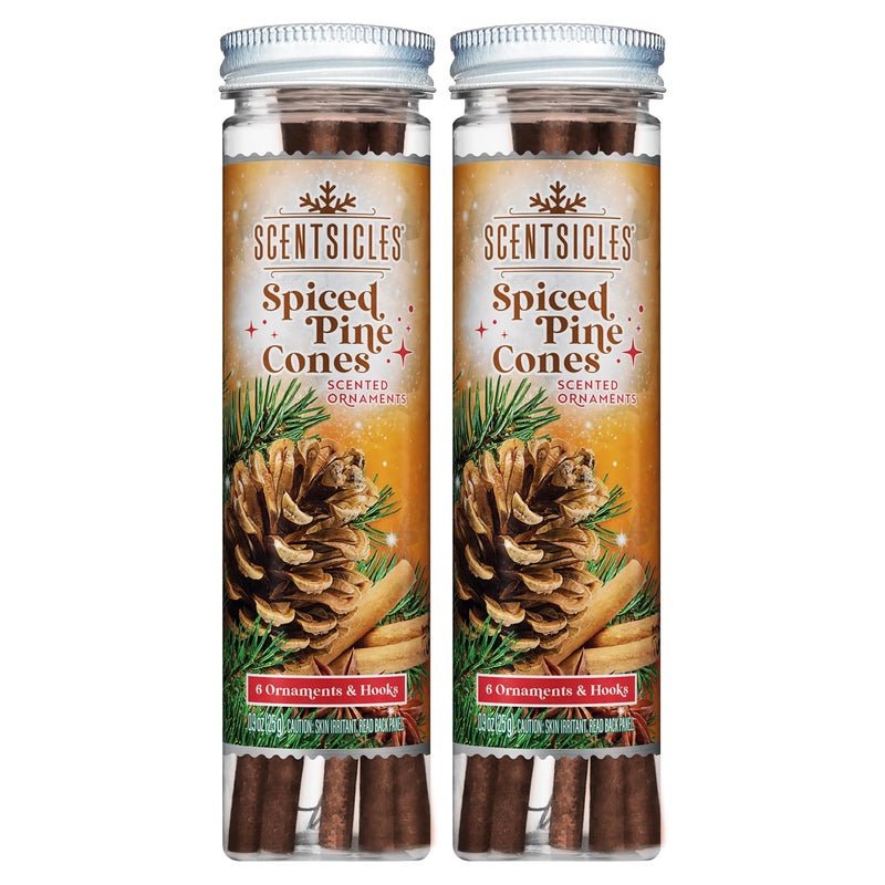 Scentsicles Spiced Pine Cones Scented Christmas Ornaments with Hooks - 2 Bottles (12 Sticks Total) - Image 1